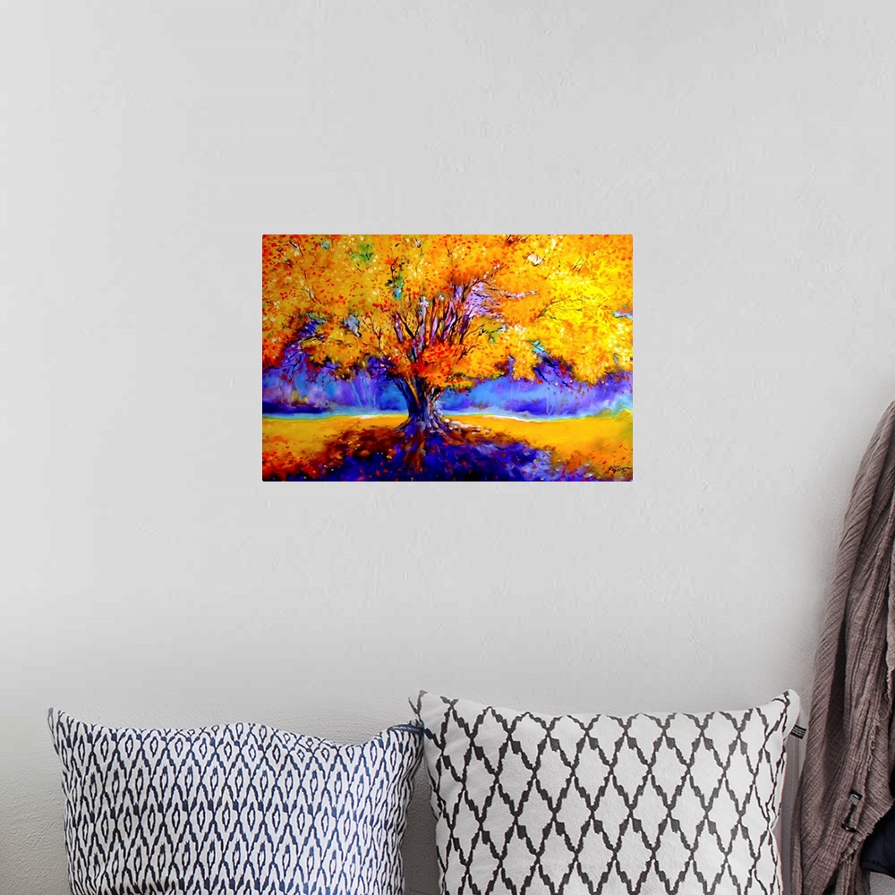 A bohemian room featuring Painting of an old oak tree in Autumn colors and vibrant shadows.