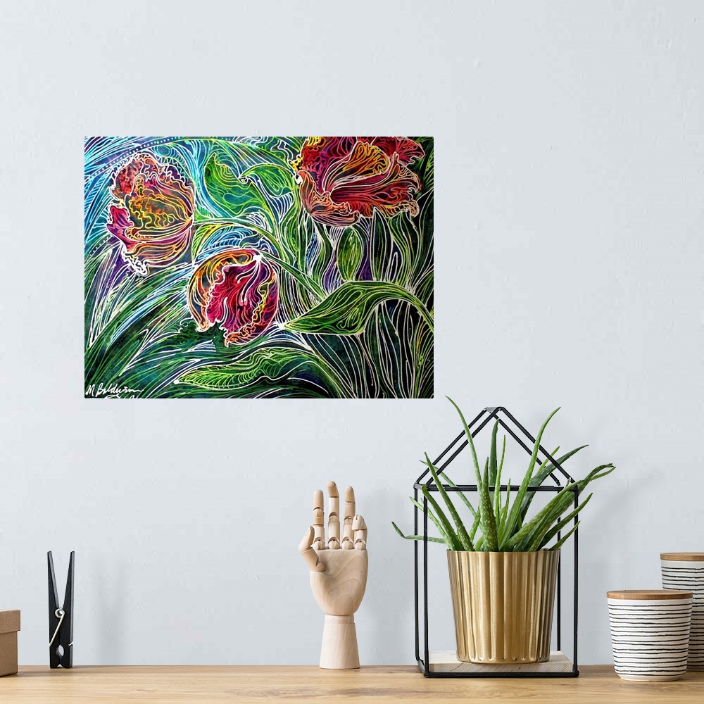 A bohemian room featuring Three blossoms of the parrot tulip captured on canvas using a technique of Batik and watercolor.