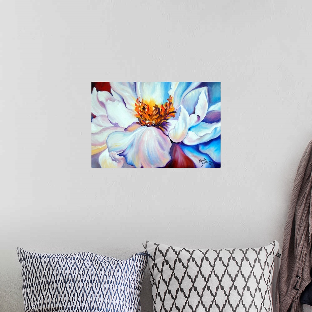 A bohemian room featuring Close up painting of a white peony on a red and blue background.