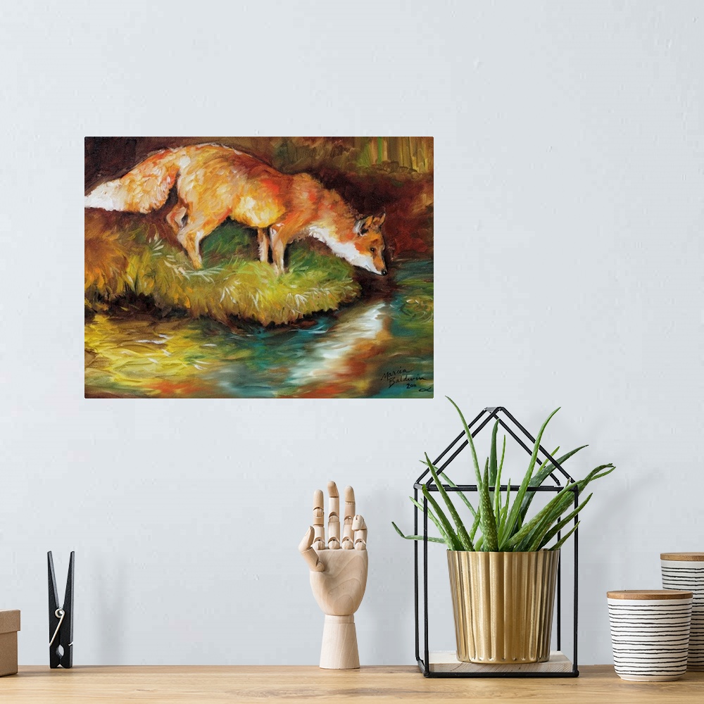 A bohemian room featuring Contemporary painting of a fox about to drink from a flowing river, created with an impressionist...