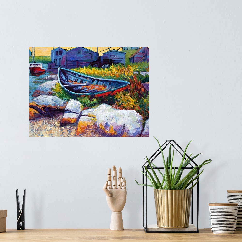 A bohemian room featuring Colorful contemporary painting of a row boat sitting in a patch of grass on a pile of rocks with ...