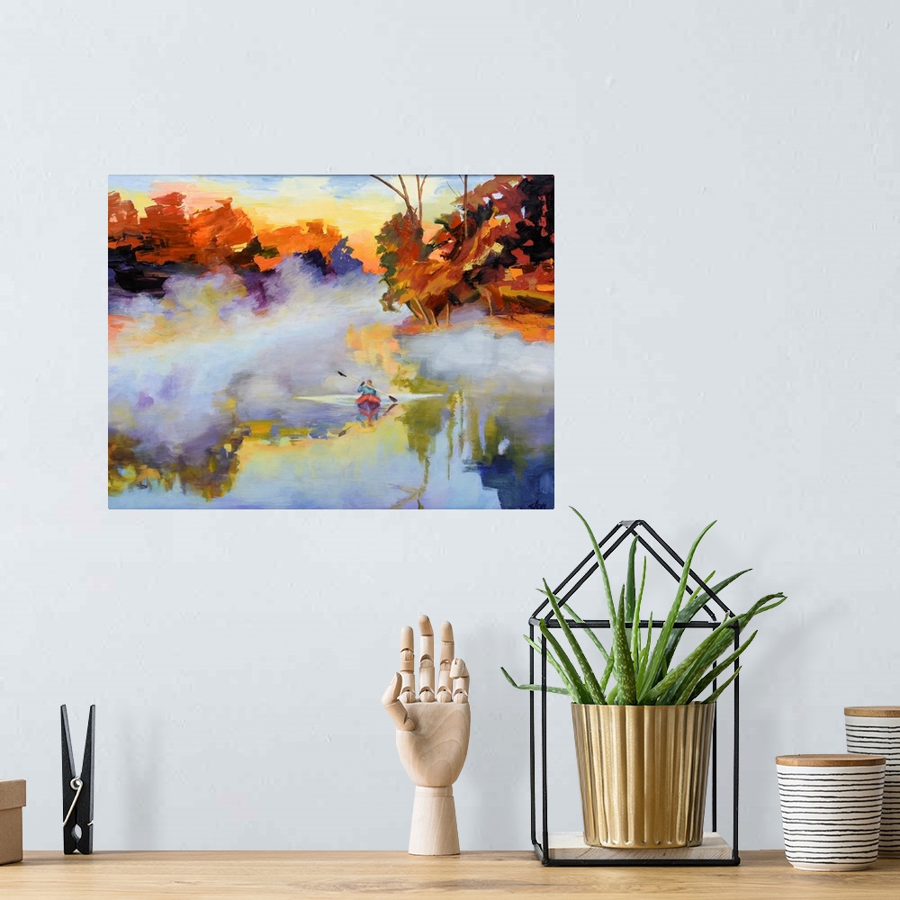 A bohemian room featuring Kayaker paddling in the morning mist on a lake.