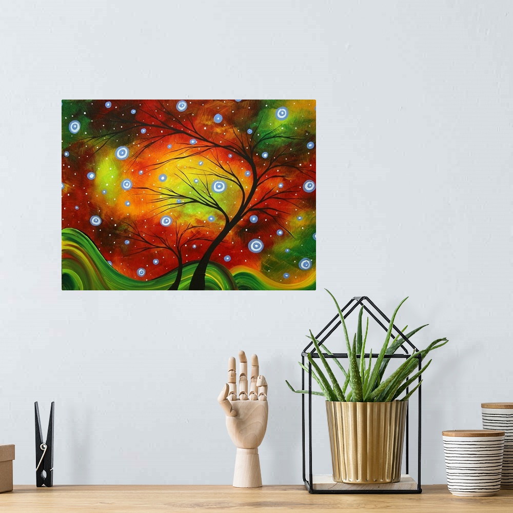 A bohemian room featuring This surreal painting shows a silhouetted tree painted over a background of swirling colors and e...