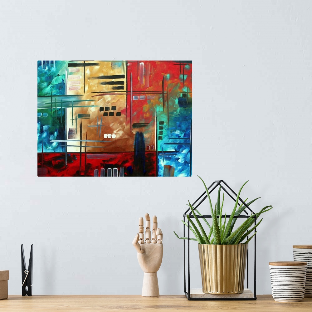 A bohemian room featuring Contemporary abstract image of colorful blocks separated with lines and hatch marks with square p...