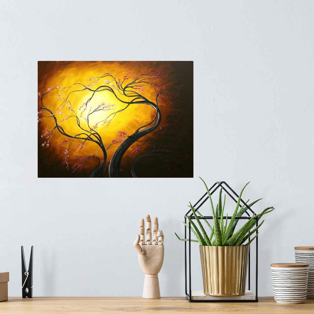 A bohemian room featuring Bright, rich, and colorful contemporary abstract painting of twisted trees with branching winding...