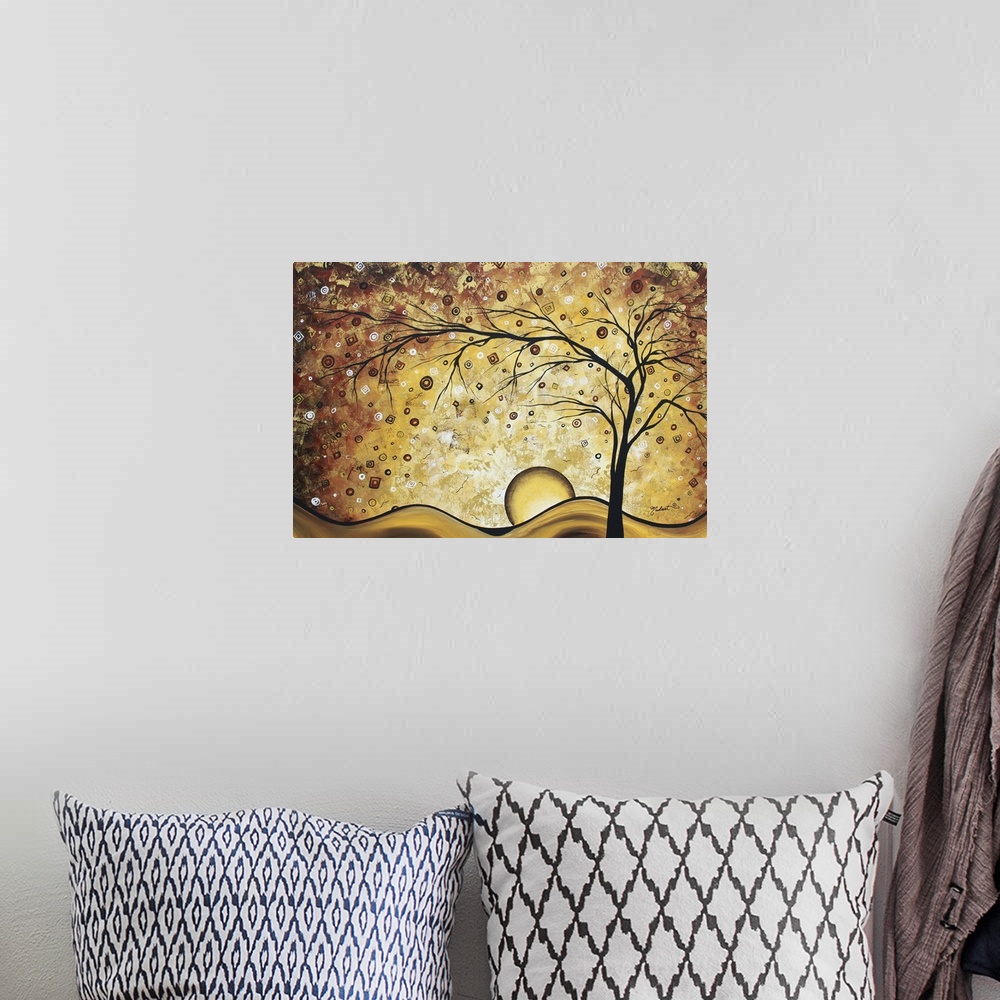 A bohemian room featuring Contemporary art piece of a giant, leafless tree on rolling hills with the sun setting and star s...