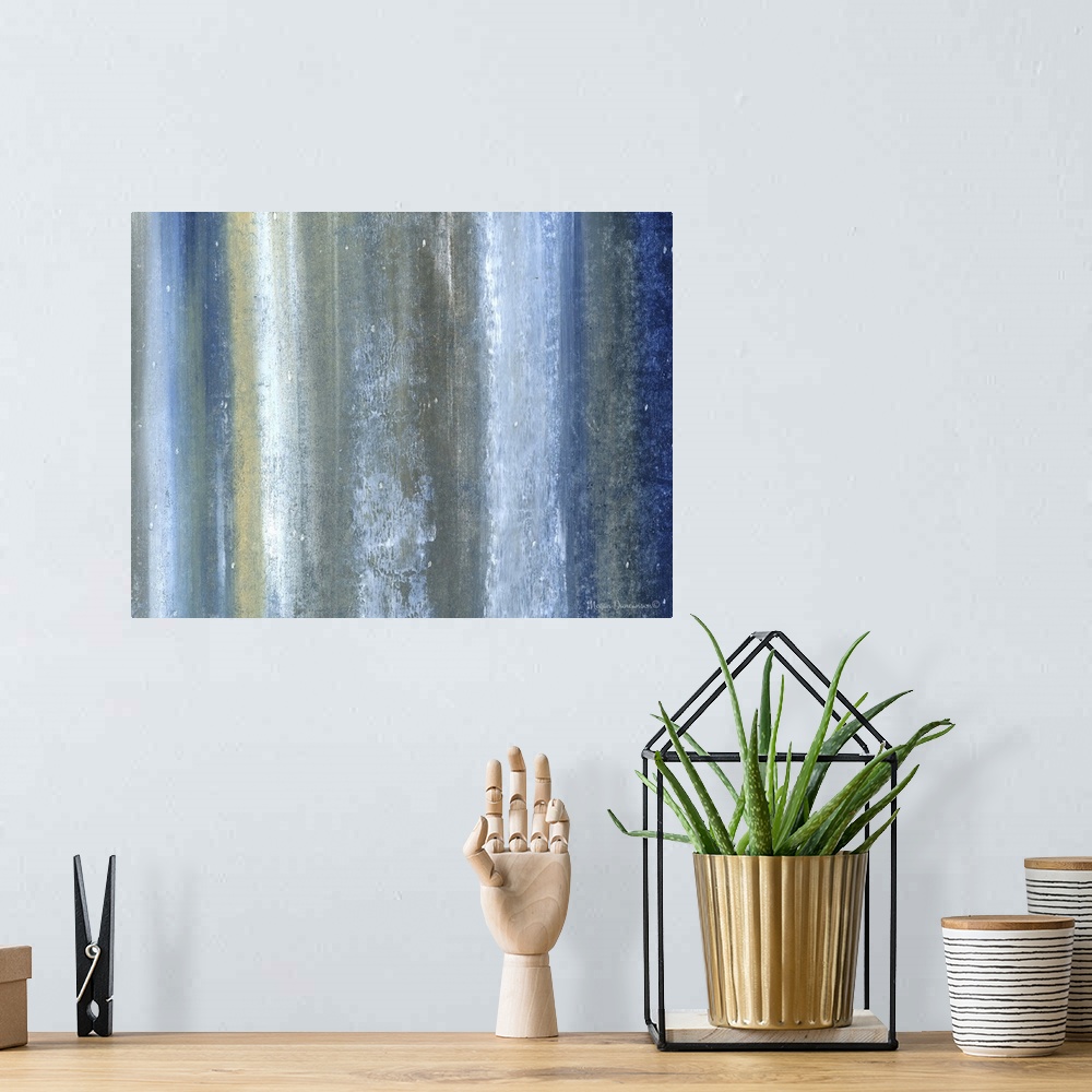 A bohemian room featuring A contemporary abstract painting that has vertical lines of different shades of blue, green, whit...