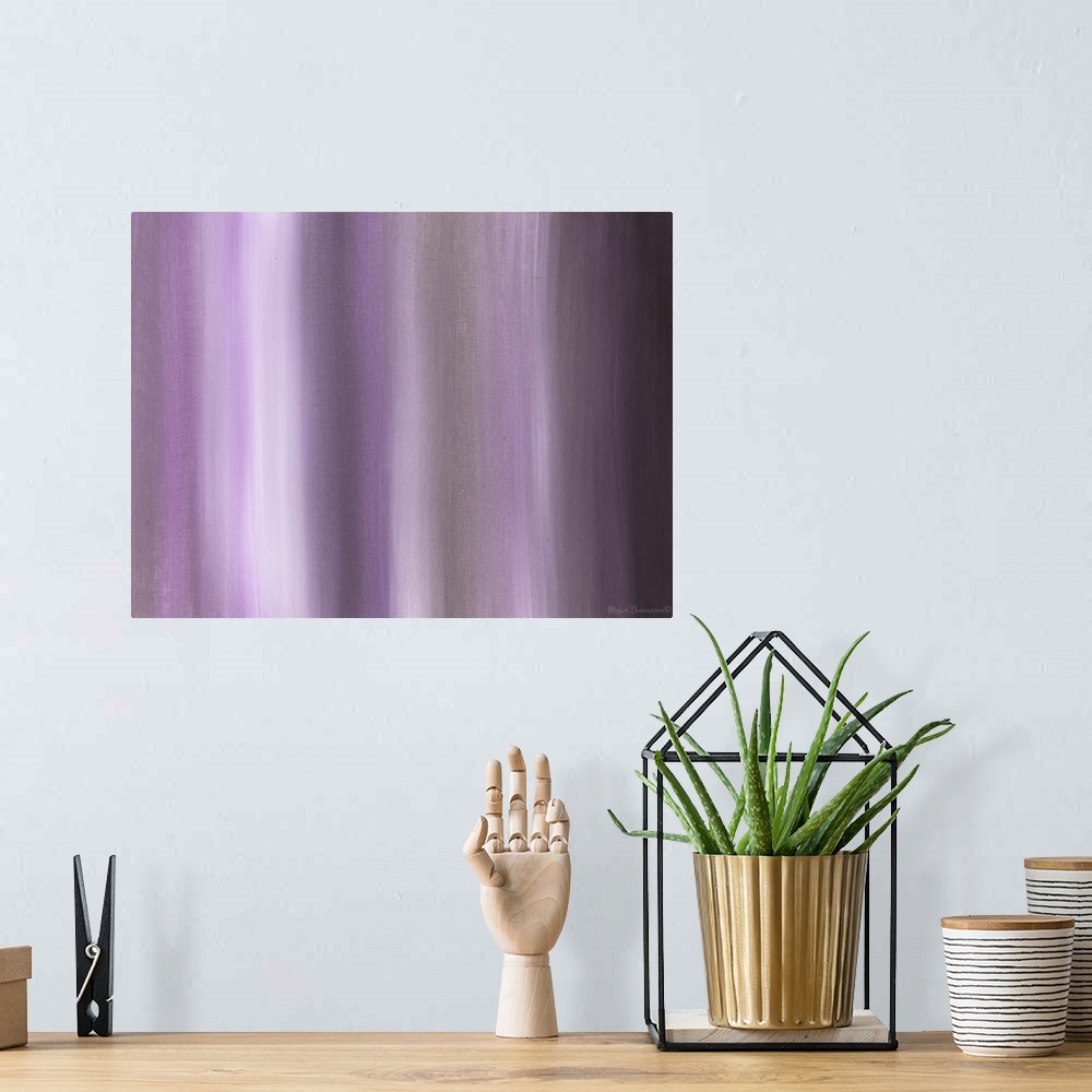 A bohemian room featuring A contemporary abstract painting that has varied shades of purple hues running smoothly and verti...