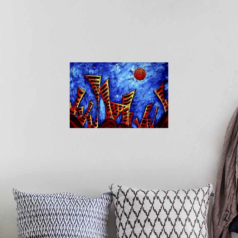 A bohemian room featuring Modern abstract painting of a rolling hills city skyline with large buildings and a bright sun sh...