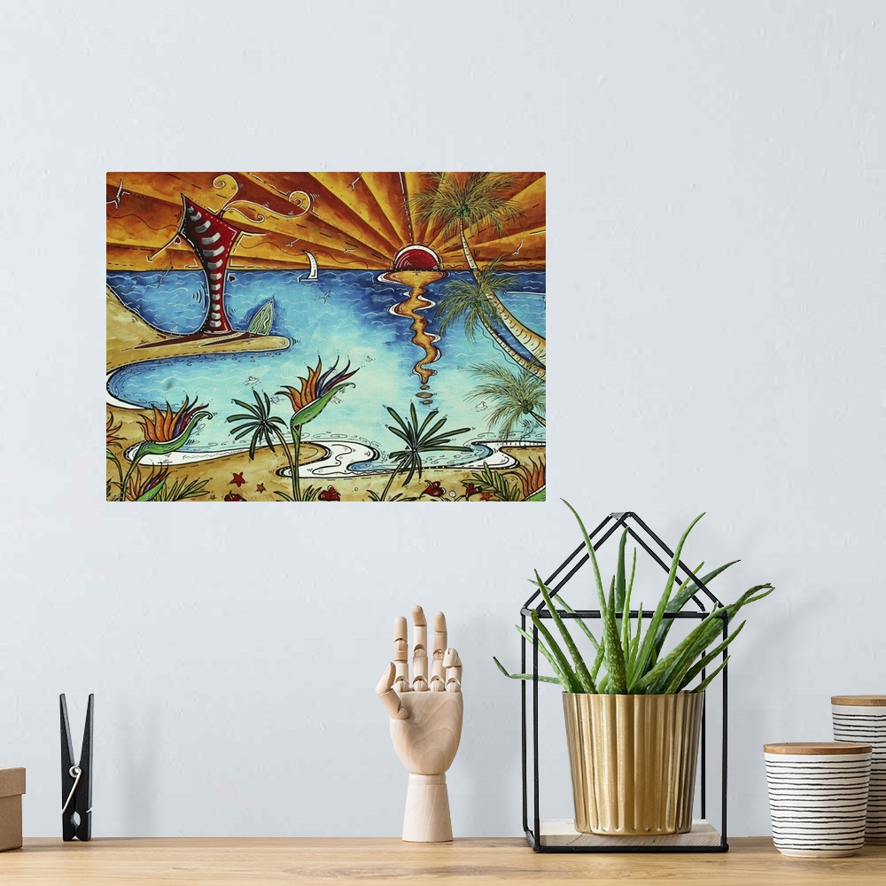 A bohemian room featuring This Original and Sophisticated Whimsical Surf Painting is in MADART's Signature Style, a style o...