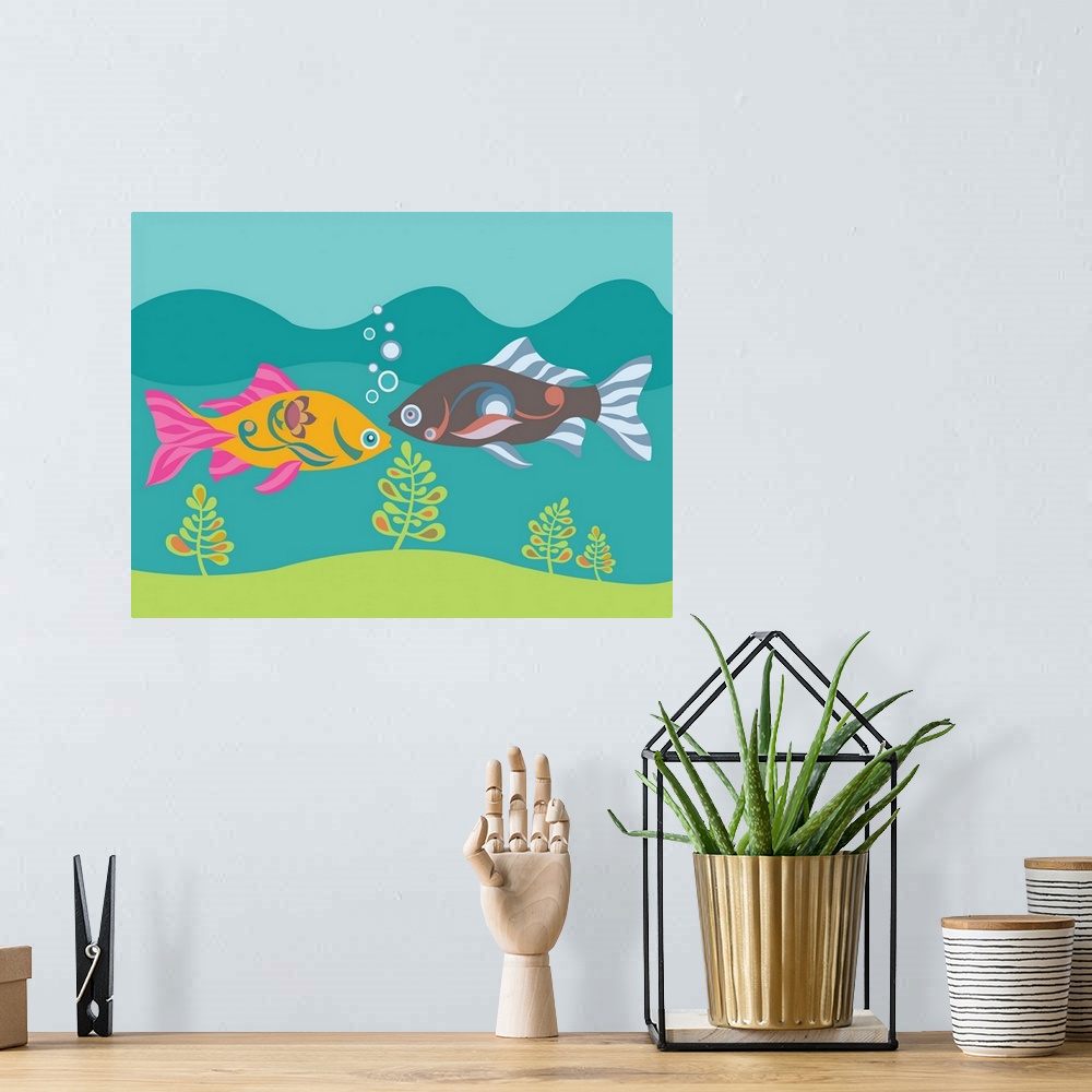 A bohemian room featuring Whimsy illustration of two fish underwater.