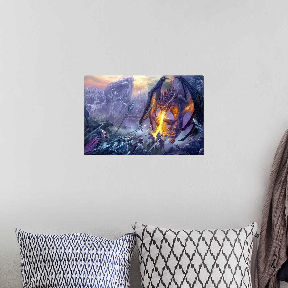 A bohemian room featuring Horizontal fantasy artwork on a large wall hanging of a dragon breathing fire onto a large group ...