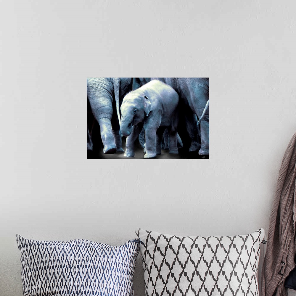 A bohemian room featuring Contemporary animal art of a baby elephant in a herd of adult elephants.