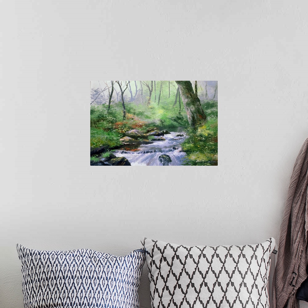 A bohemian room featuring Contemporary painting of a stream moving through a forest.