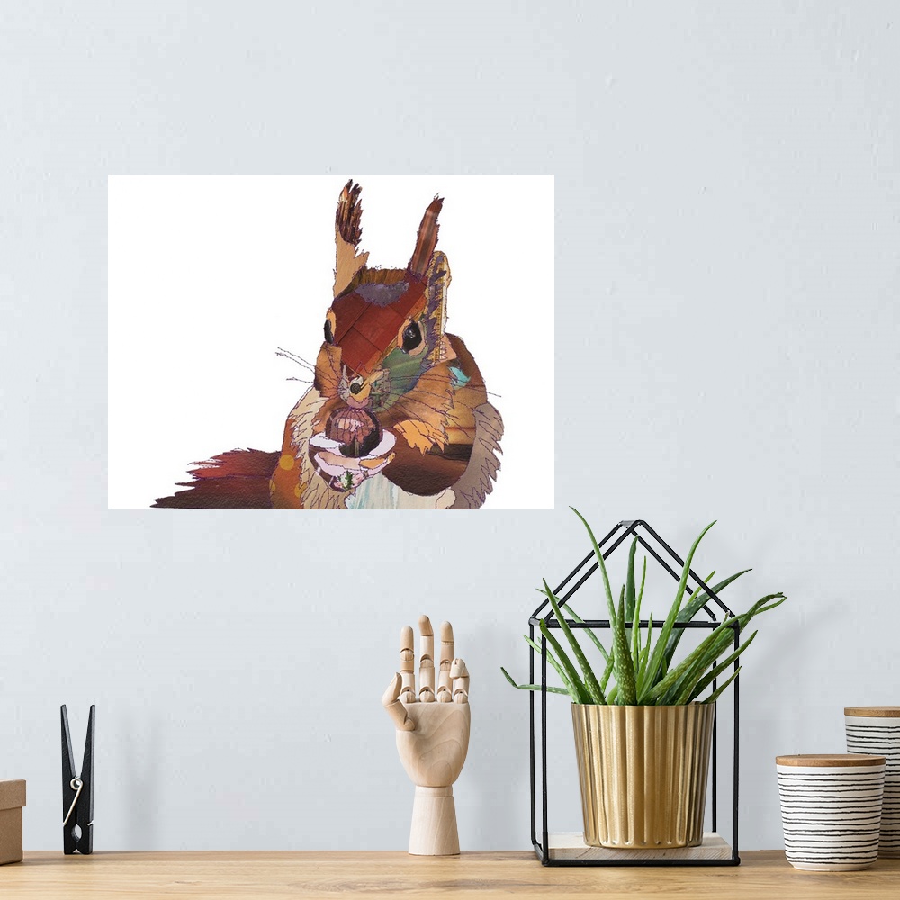 A bohemian room featuring Horizontal artwork of a red squirrel with a nut in a collage style outlined in stitches.