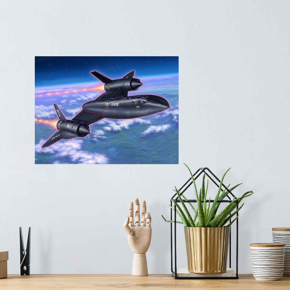 A bohemian room featuring An SR-71 Blackbird cruises at high speed and altitude.