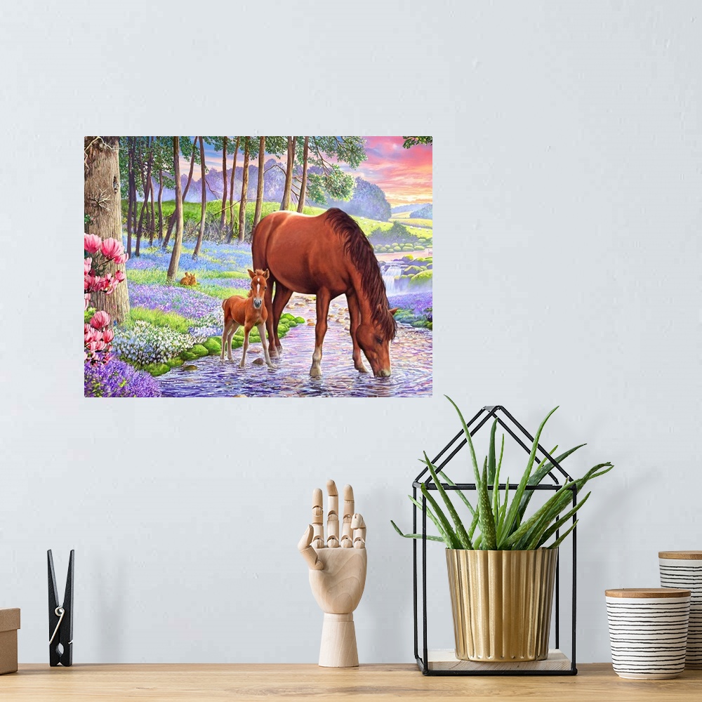 A bohemian room featuring Mare and Foal in a stream running through a bluebell wood.