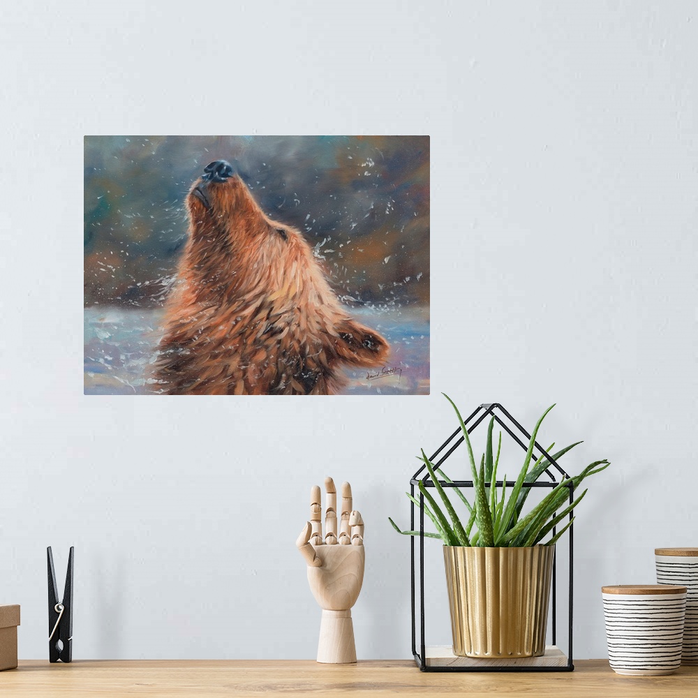 A bohemian room featuring Contemporary painting of a grizzly bear shaking his head to get all the water off.