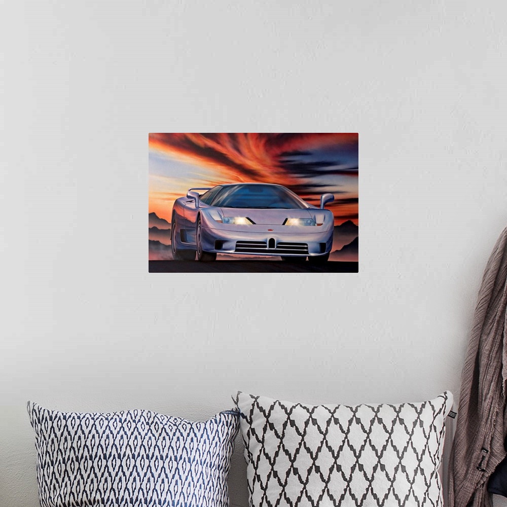 A bohemian room featuring Artwork of sports car with mountains and dark cloudy sky in the background.