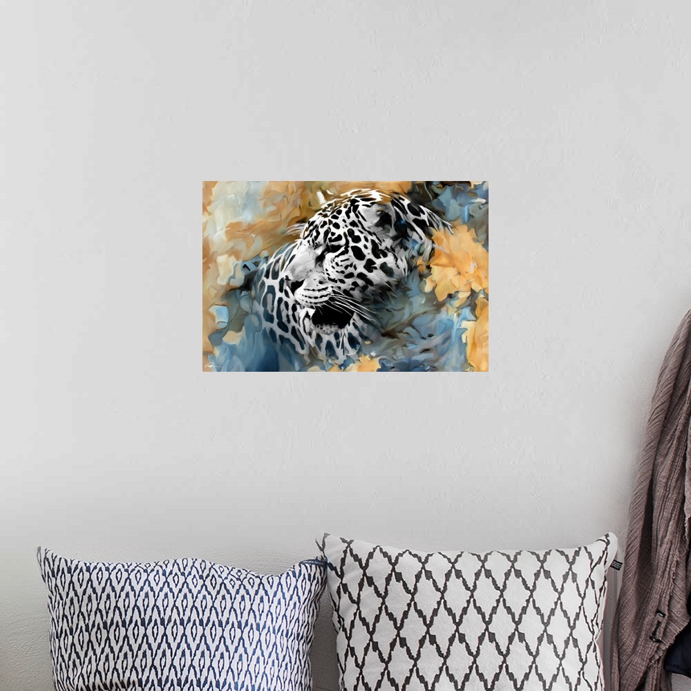 A bohemian room featuring Contemporary animal art of a leopard surround by abstract forms in earthy tones.