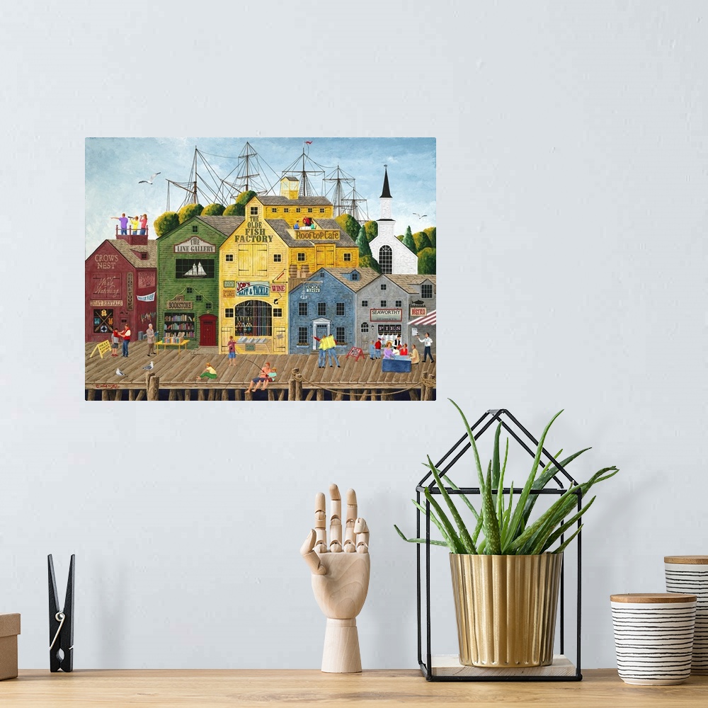A bohemian room featuring Americana scene of shops on a fishing pier with masts and rigging behind.