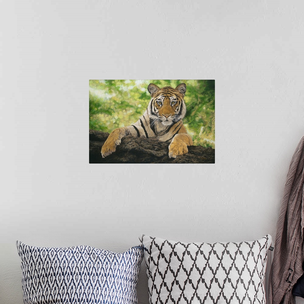 A bohemian room featuring Contemporary painting of a young tiger cub leaning over a log.