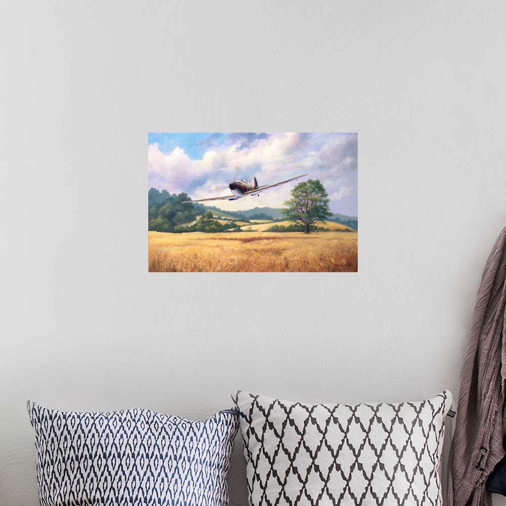 A bohemian room featuring Painting of a vintage military fighter plane flying low over a rural landscape.