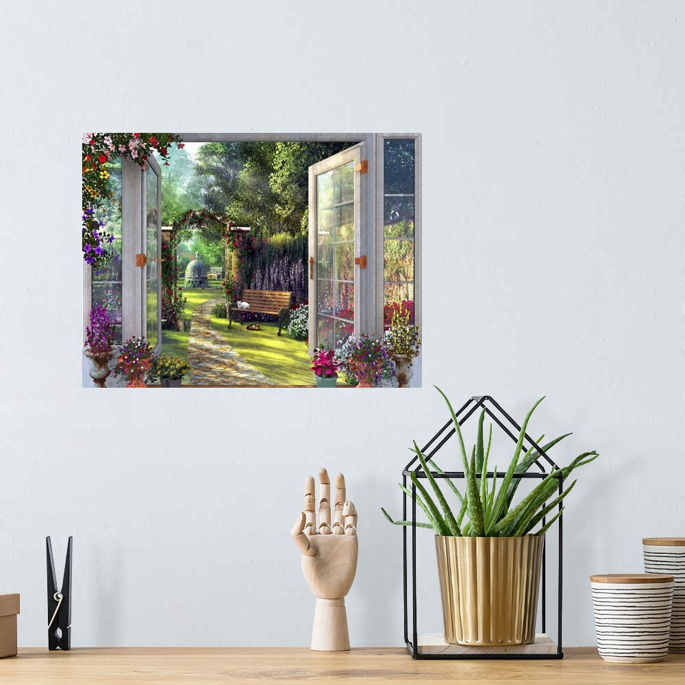 A bohemian room featuring A doorway view of a country garden with two cats.