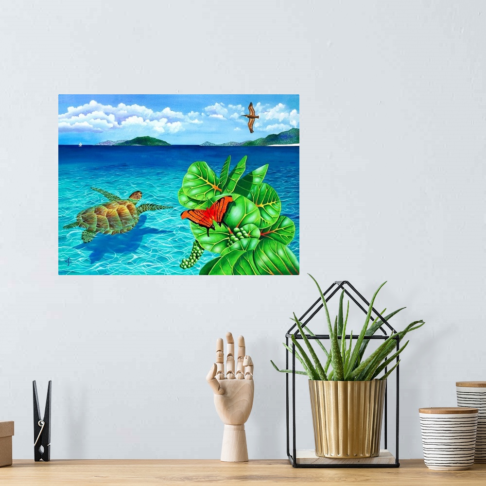 A bohemian room featuring Tropical themed artwork of a sea turtle swimming in crystal blue water, with a bright butterfly o...