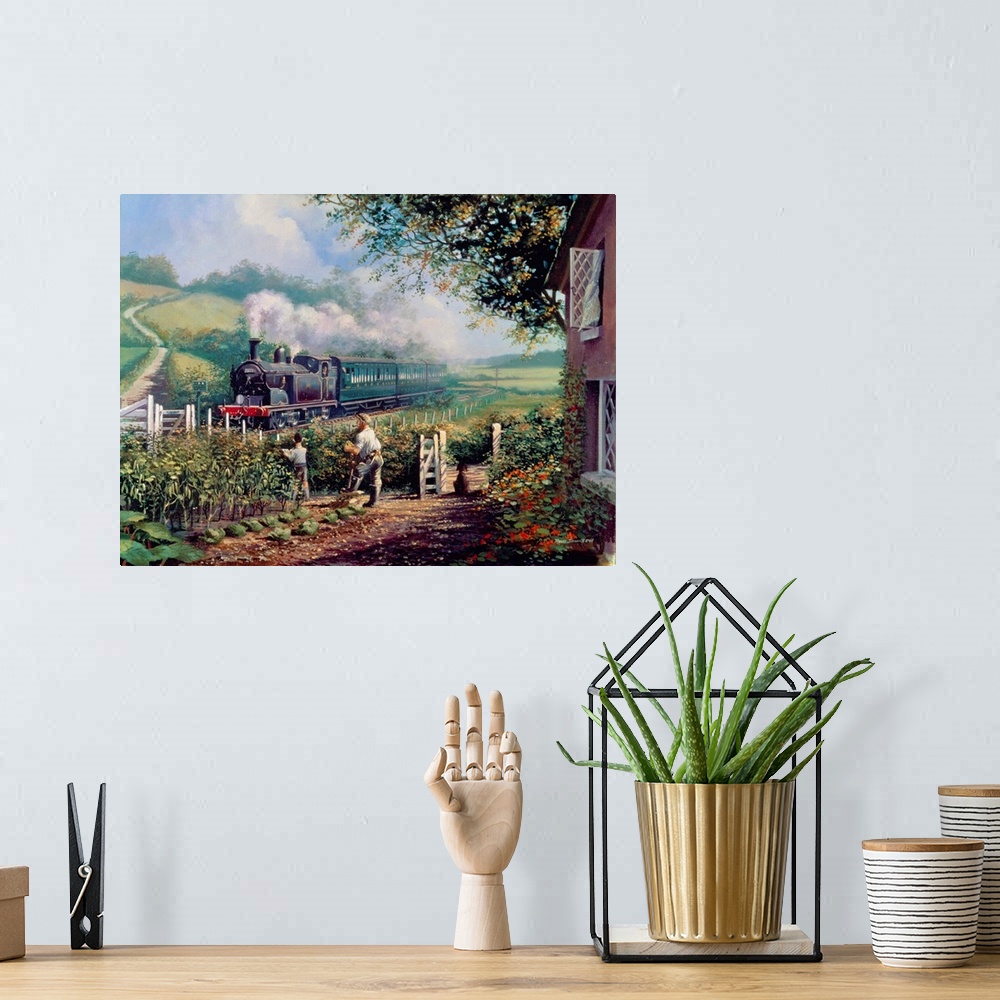 A bohemian room featuring Contemporary painting of a train traveling through a rural landscape.