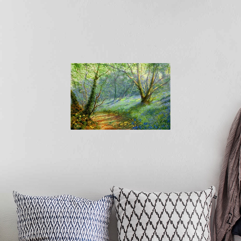 A bohemian room featuring Contemporary painting of a path in a lush forest.