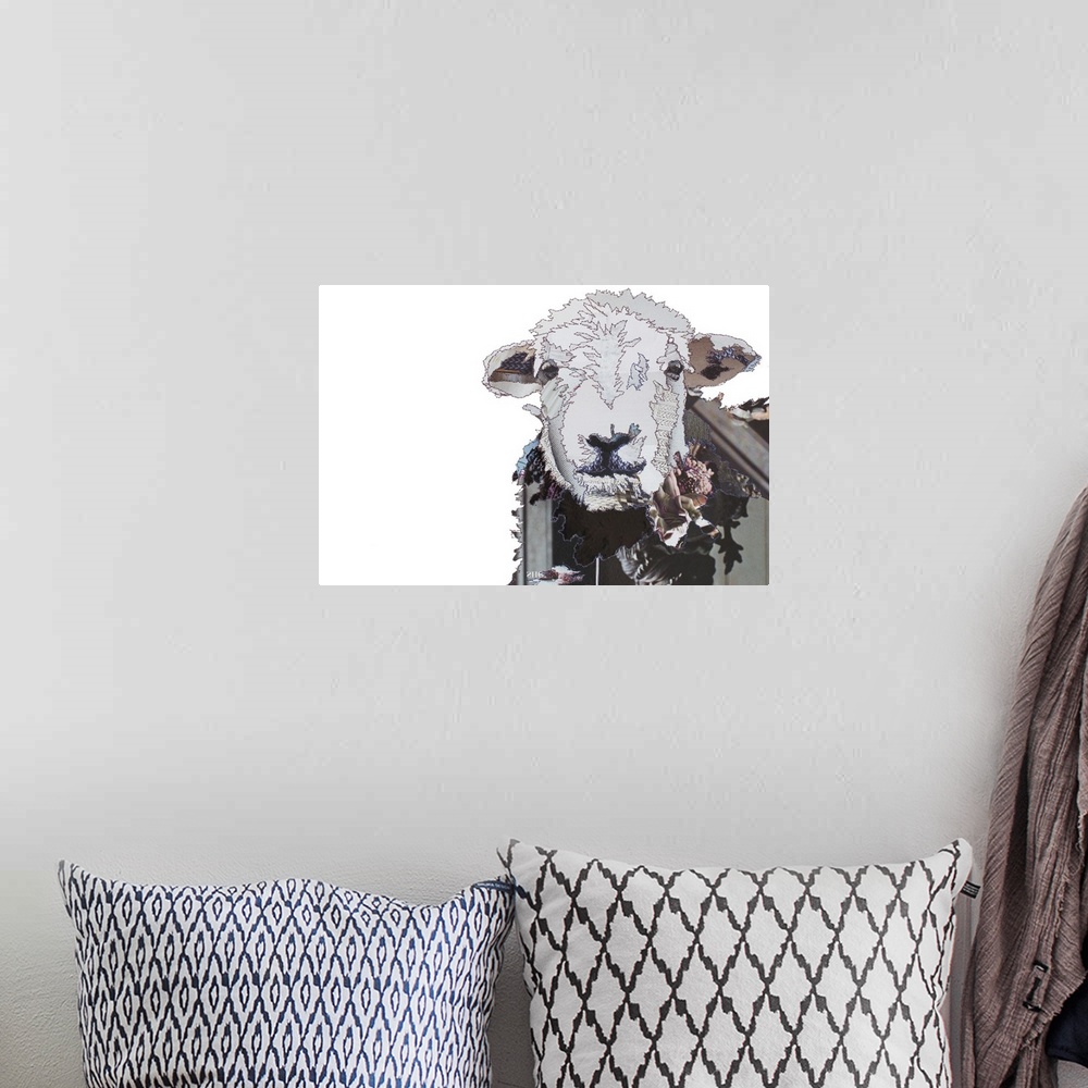 A bohemian room featuring Horizontal artwork of a sheep in a collage style outlined in stitches.