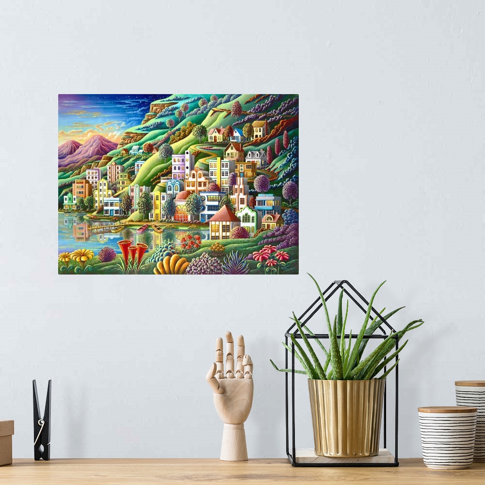 A bohemian room featuring Contemporary painting of a village on a lake surrounded by vivid colorful foliage.