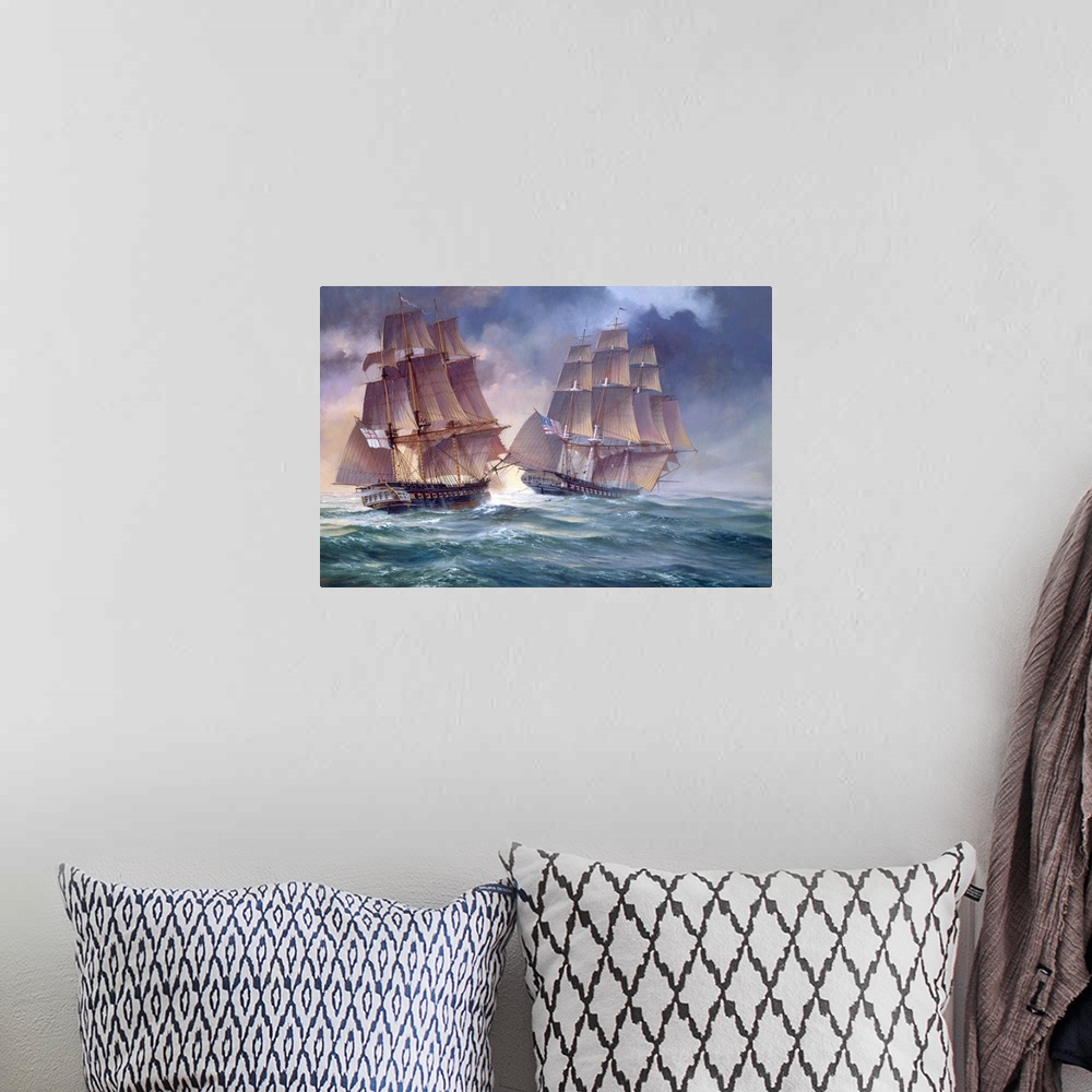 A bohemian room featuring Painting of of an old naval vessels in the heat of battle.