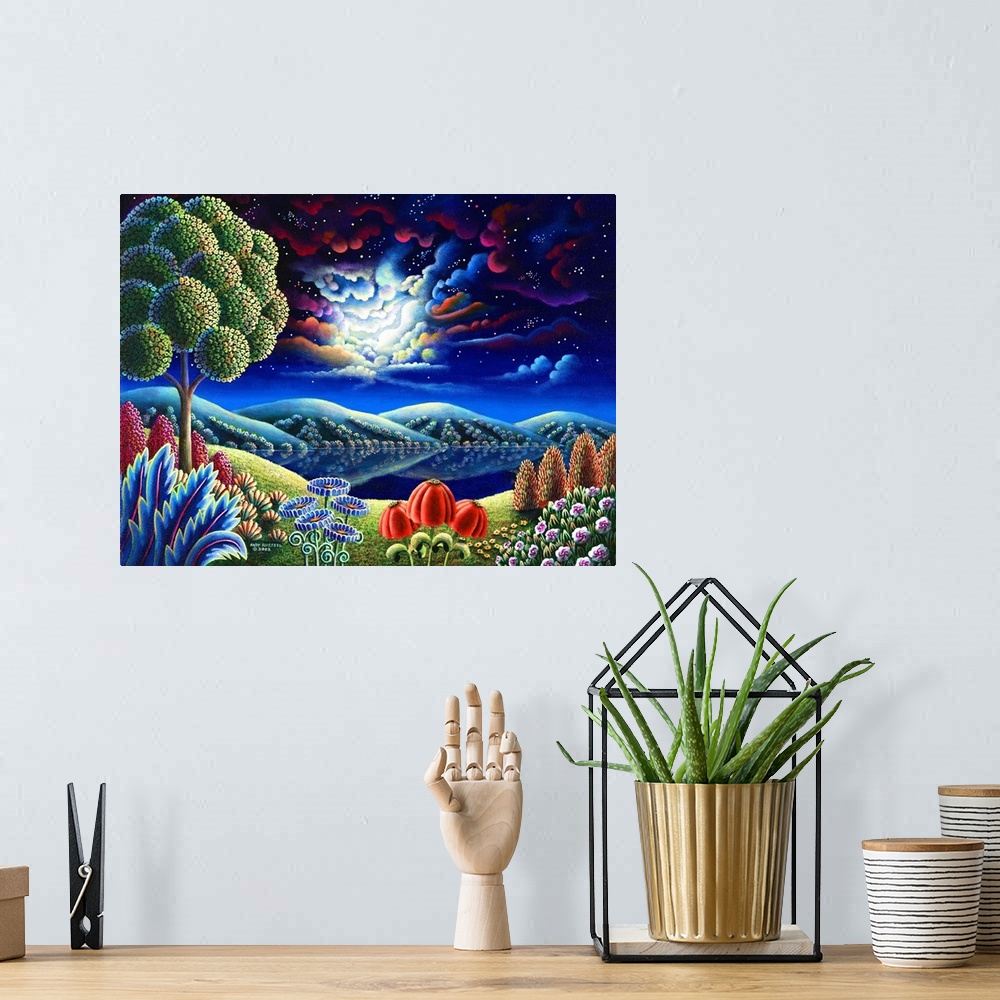 A bohemian room featuring Painting of a rural lake under a colorfully cloudy sky at night.