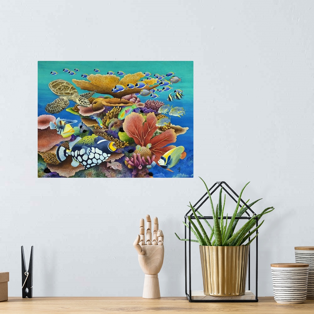 A bohemian room featuring Contemporary painting with fish and a turtle swimming around coral reefs in vibrant colors.