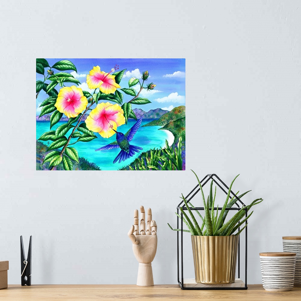 A bohemian room featuring Tropical themed artwork using bright vivid colors to depict the flowers and animals of the enviro...