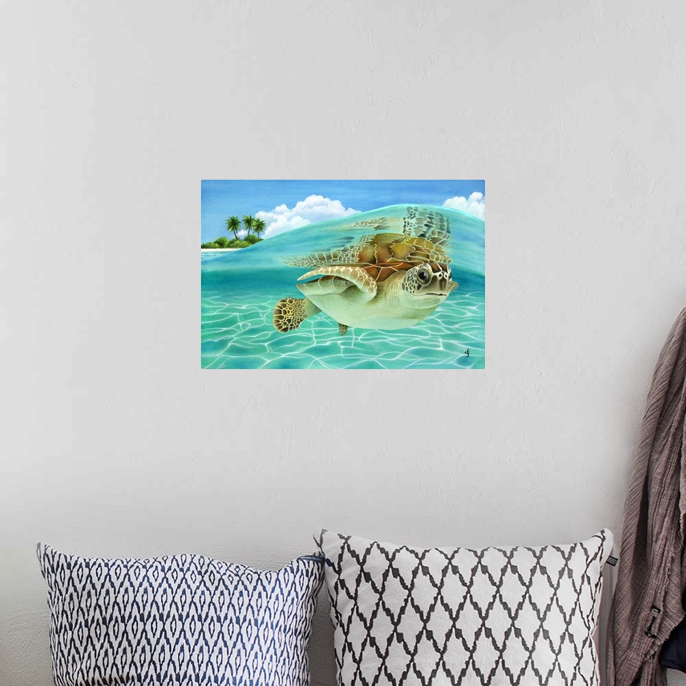 A bohemian room featuring Watercolor painting of a sea turtle under a crystal blue wave with an island in the background.
