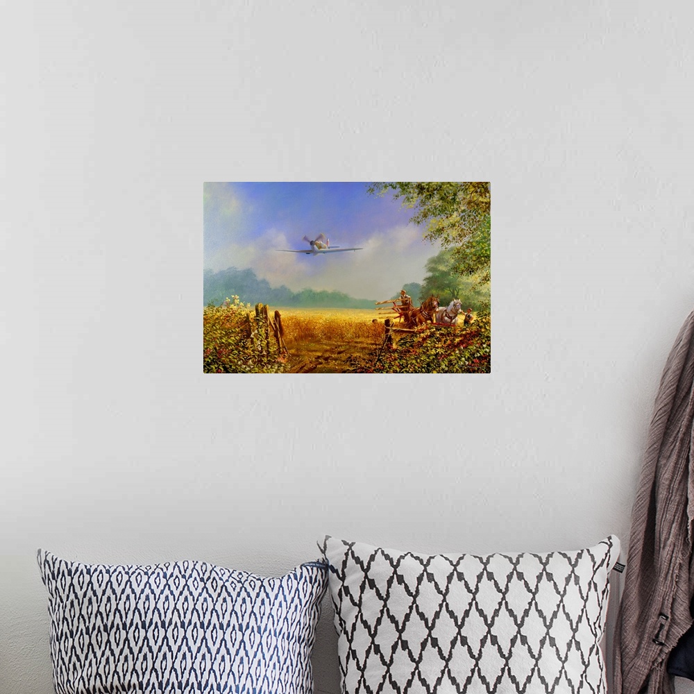A bohemian room featuring Painting of a military plane flying over a rural farm landscape.