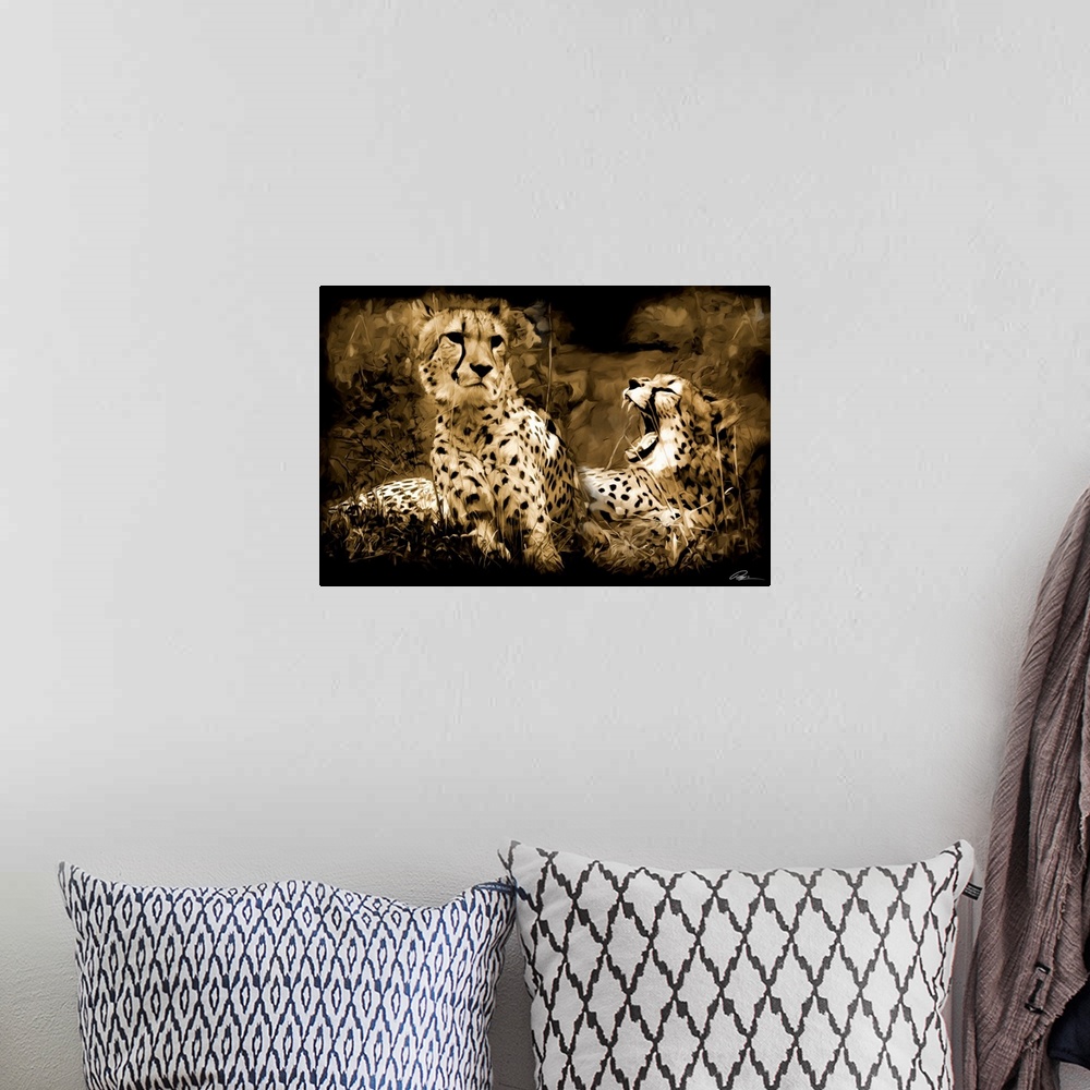 A bohemian room featuring Contemporary animal art of two cheetahs laying together.