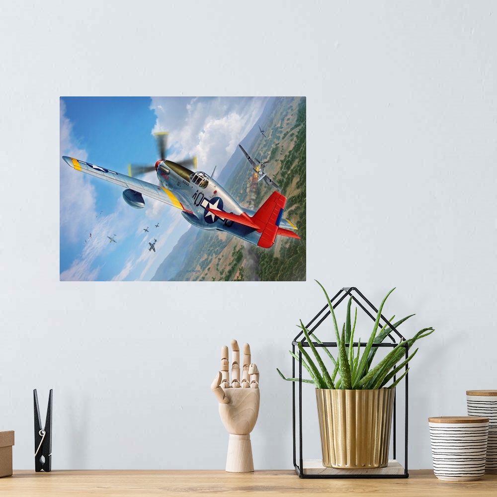 A bohemian room featuring A P-51C Mustang belonging to the famed fighter squadron known as the "Tuskegee Airmen" shoots dow...