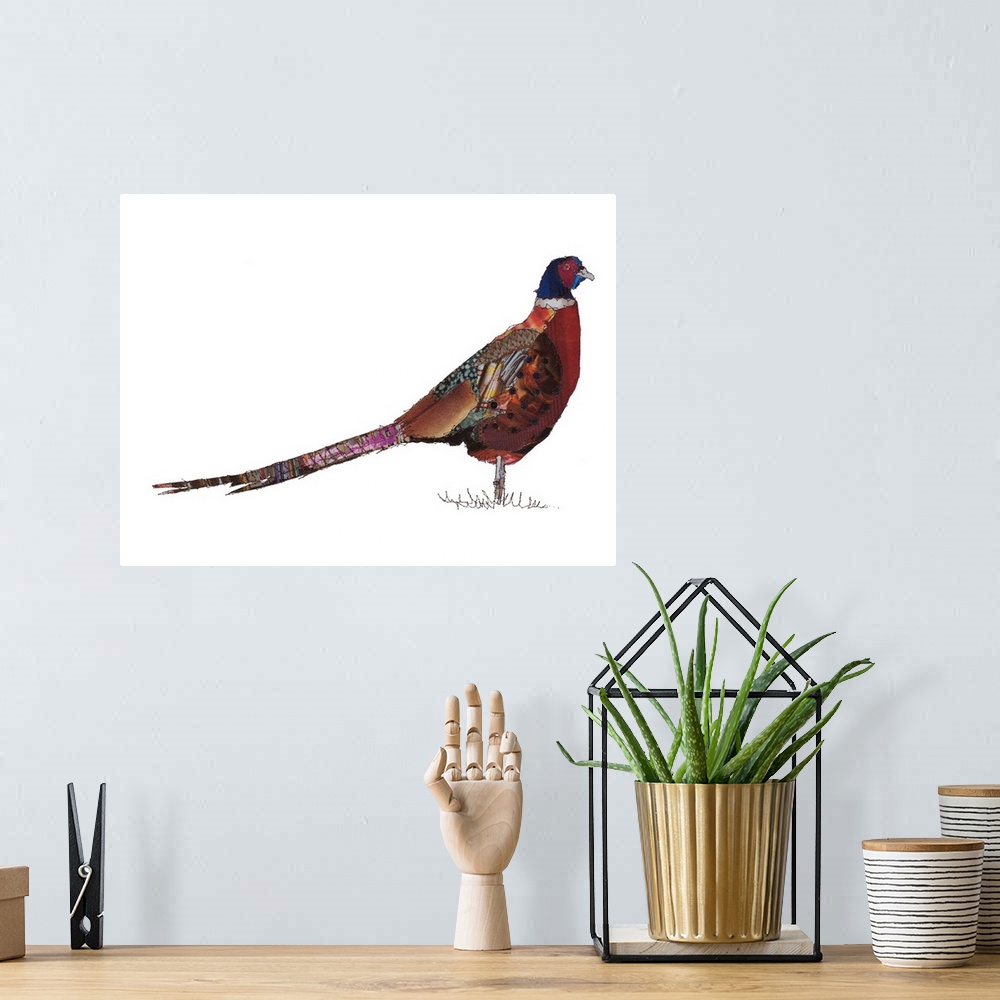A bohemian room featuring Horizontal artwork of a pheasant in a collage style outlined in stitches.