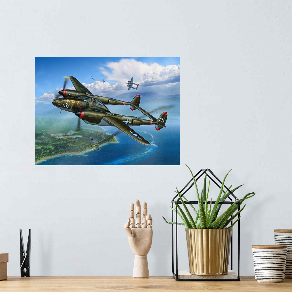 A bohemian room featuring Tomas McGuire guides his famed P-38 Lightning "Pudgy" to another victory over a South Pacific isl...