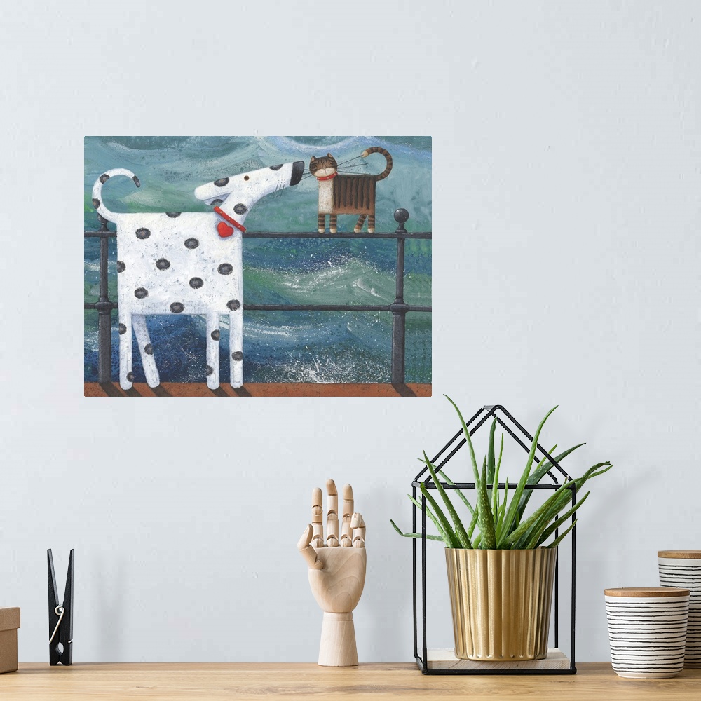 A bohemian room featuring Contemporary painting of a dalmatian sniffing a cat standing on a railing with water in the backg...