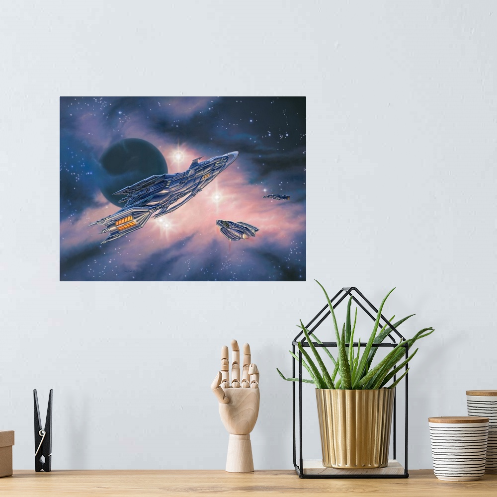 A bohemian room featuring A shuttle transports passengers between ships that have met up inside a purple nebula.