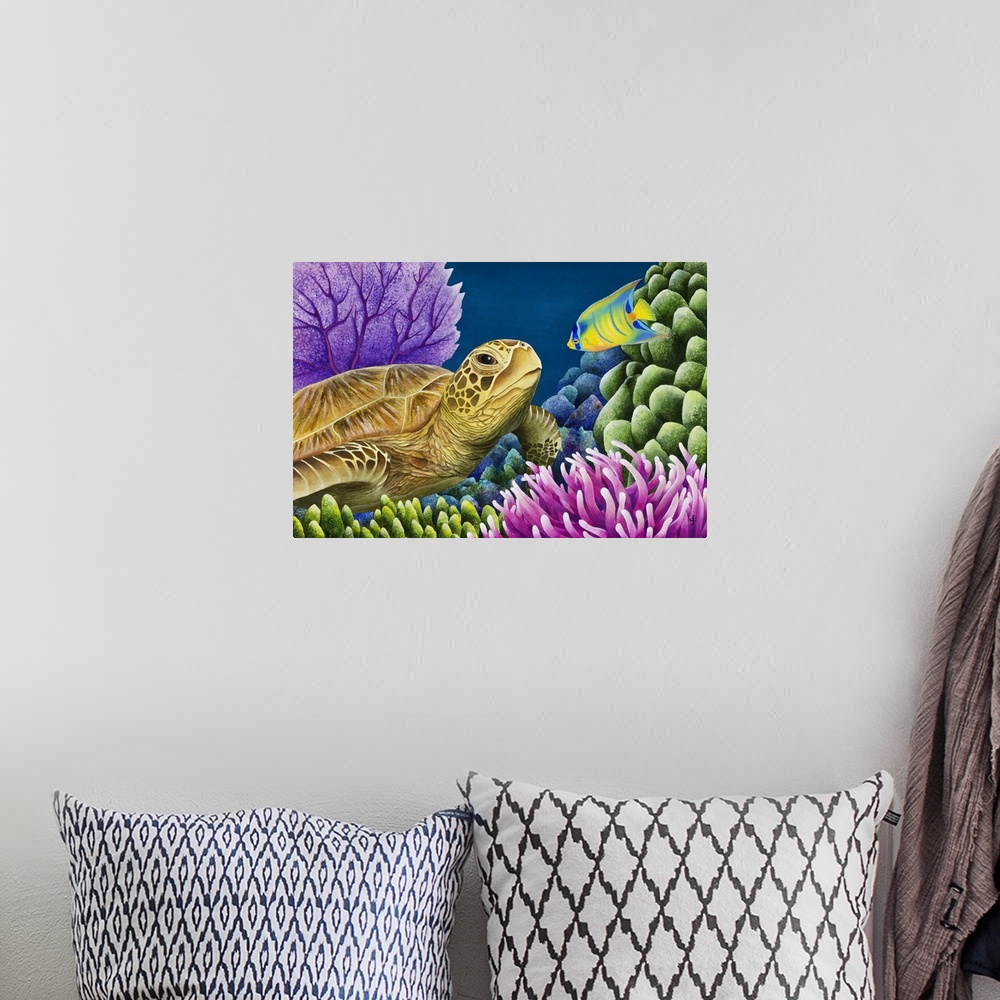 A bohemian room featuring Watercolor painting of a sea turtle and a tropical fish starring at each other in a coral reef.