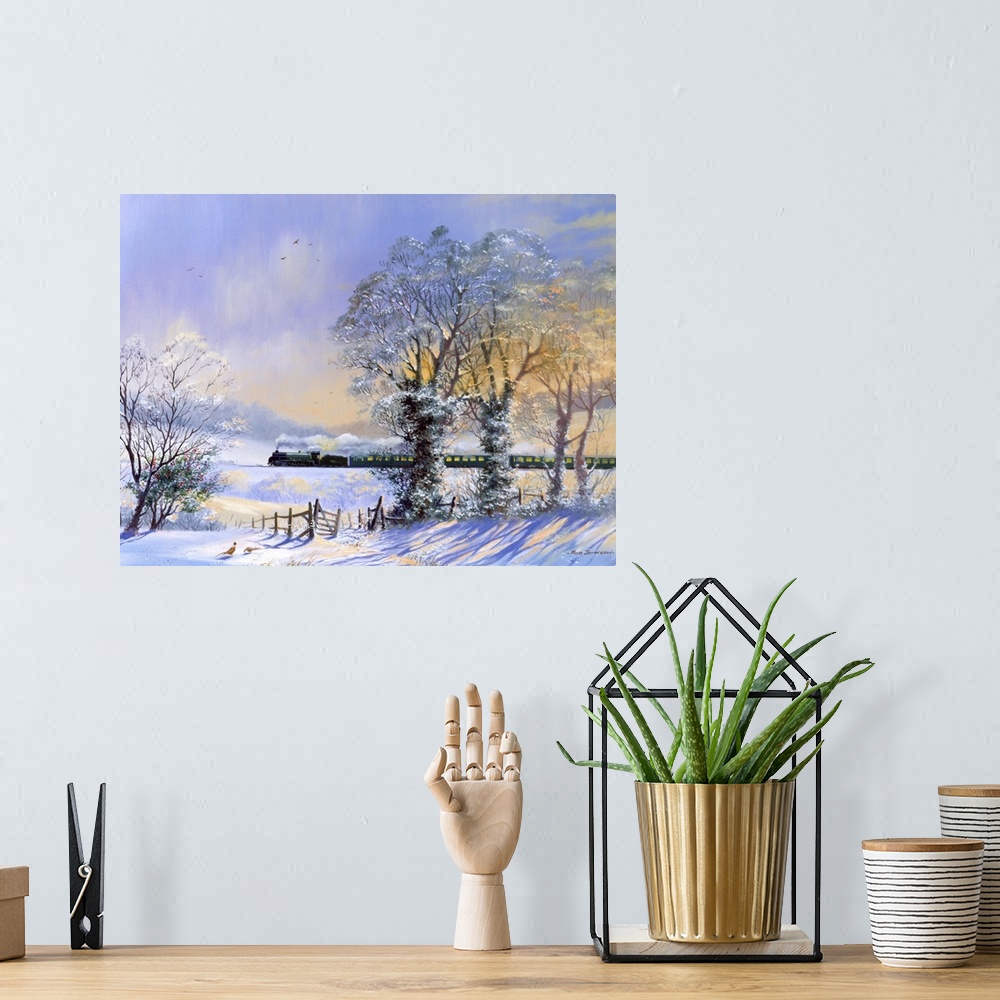 A bohemian room featuring Contemporary painting of a train traveling through a snowy rural landscape in winter.