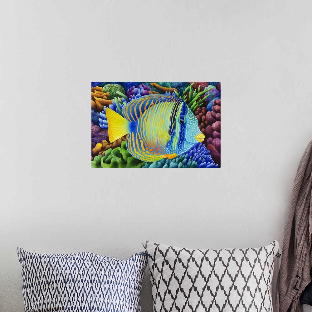 A bohemian room featuring Whimsy watercolor painting of a colorful tropical fish with coral reefs in the background.