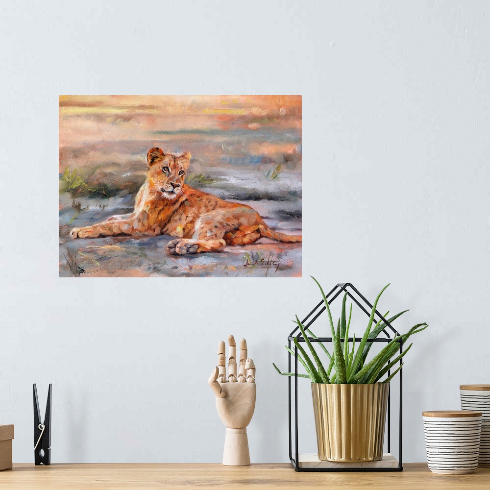 A bohemian room featuring Contemporary painting of a lioness laying on the ground.