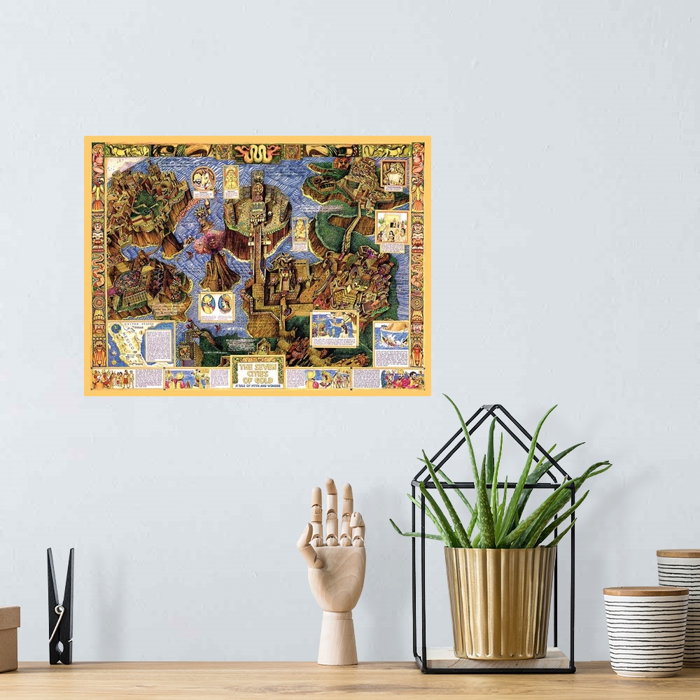 A bohemian room featuring Artist's view of the mythical place with timeline in the border.